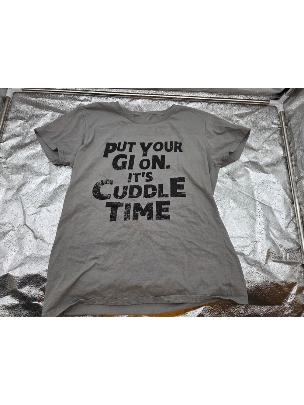 Gray Graphic T-Shirt with 'Put Your GI On It's Cuddle Time' Print